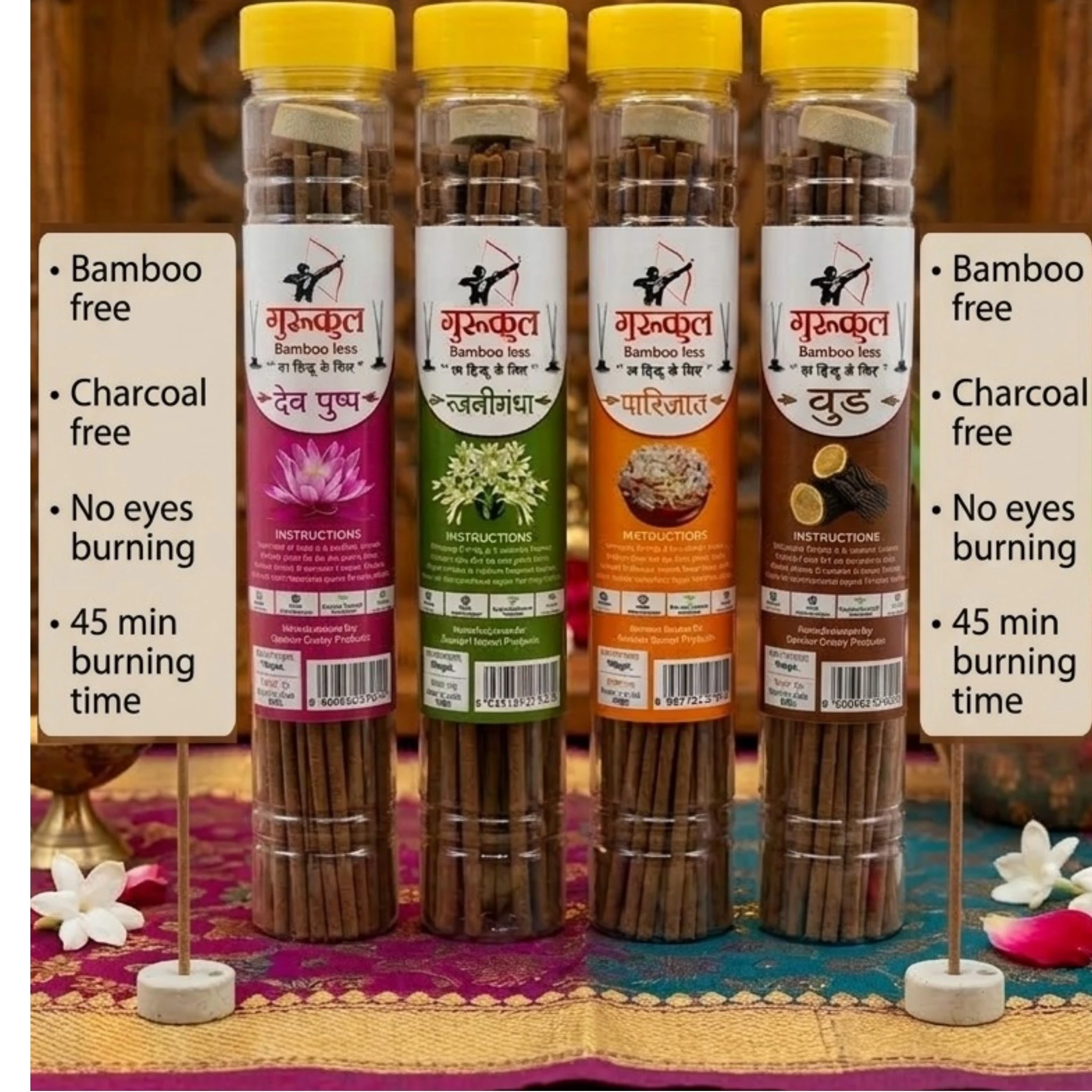 Bambooless Agarbatti Pack of 4 (Wood, Rajnigandha, Parijat, Devpushp