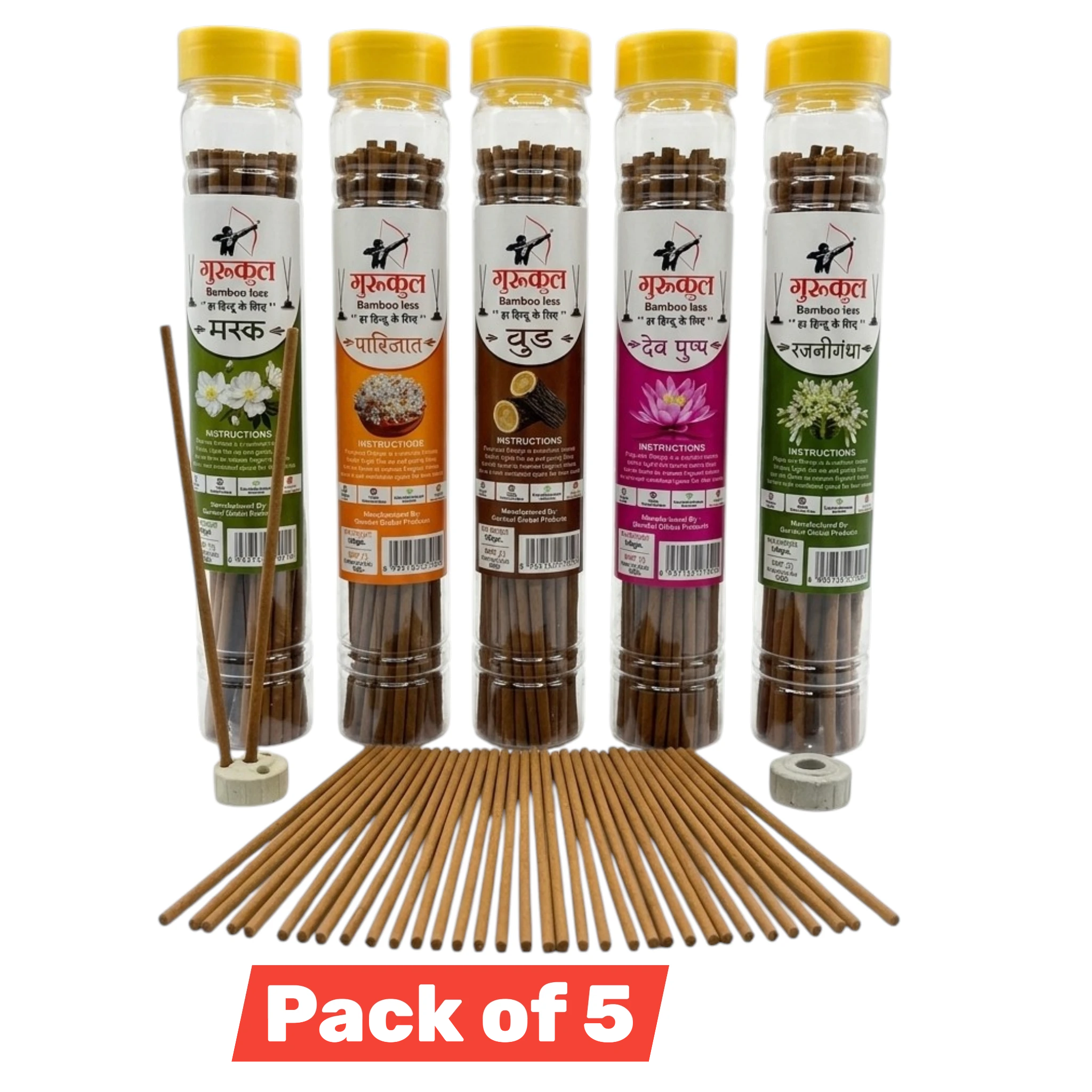 Bambooless Agarbatti Pack of 5 (Wood, Rajnigandha, Parijat, Devpushp,Musk)